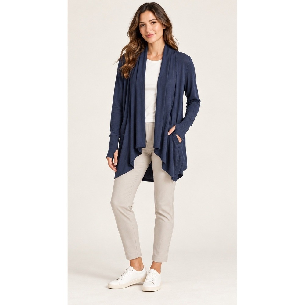 Quince French Terry Modal Cardigan Women Medium Navy Thumbholes Open Front